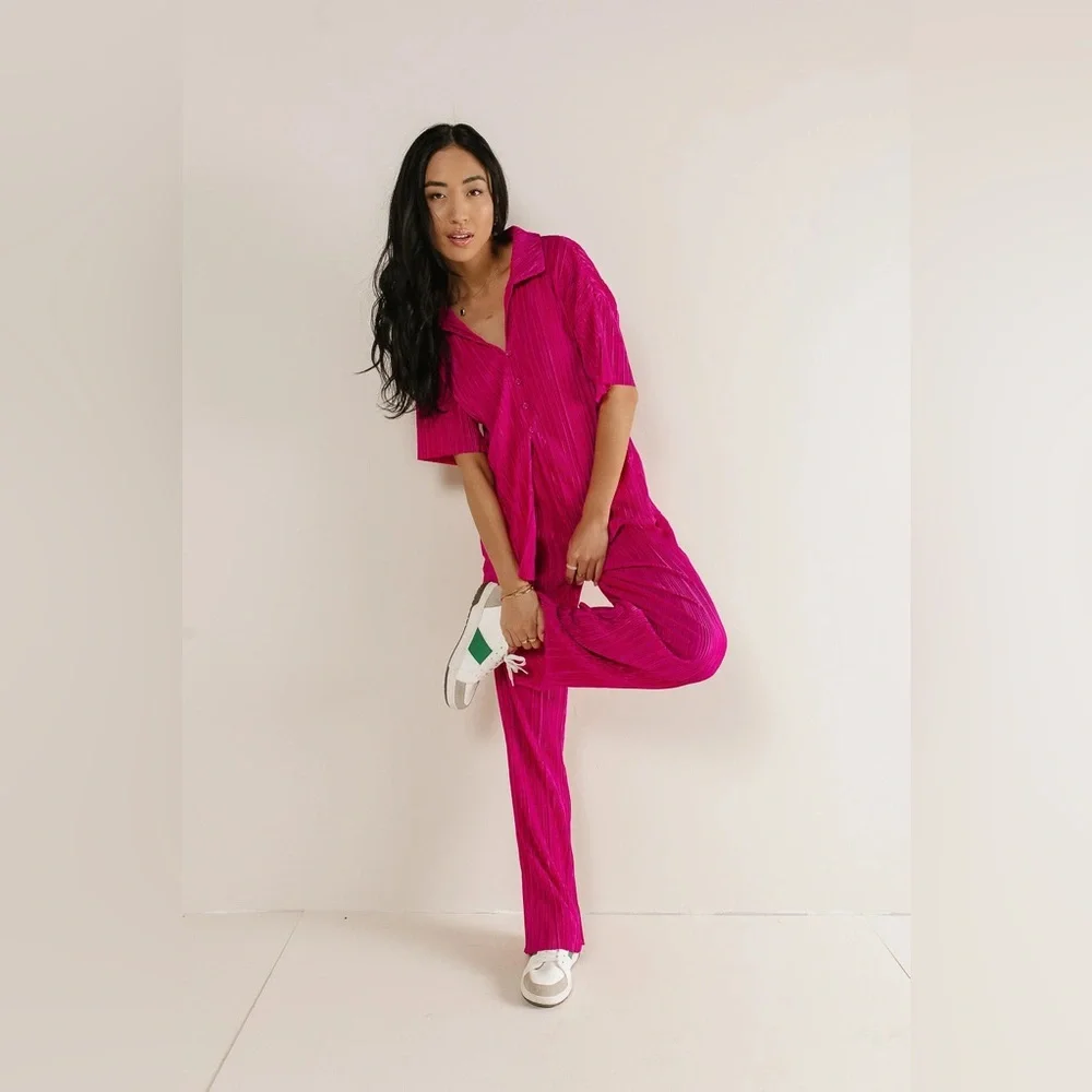 NWT Bohme New In Clara Hot Pink Satin Ribbed Pleated Wide Leg Matching Set